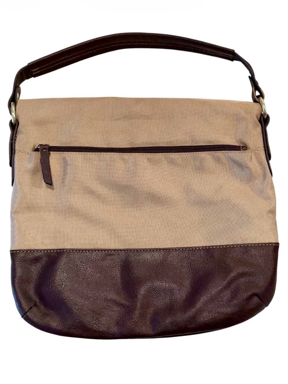 Vintage Franco Sarto Canvas Leather Fold Over Shoulder Bag in Beige/Dark Brown